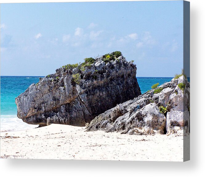 Tulum Acrylic Print featuring the photograph Large Boulder on Beach at Tulum by Tom Doud