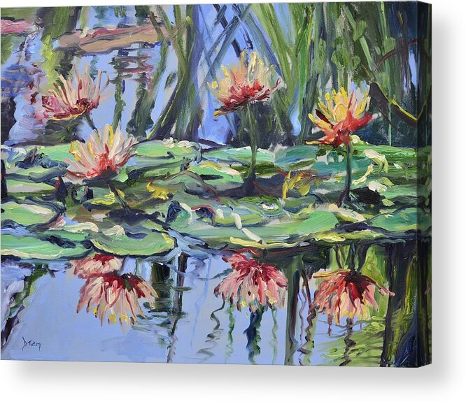 Lily Acrylic Print featuring the painting Lily Pond Reflections by Donna Tuten