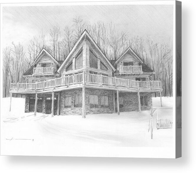 <a Href=http://miketheuer.com Target =_blank>www.miketheuer.com</a> Log Cabin Pencil Portrait Acrylic Print featuring the painting Log Cabin Pencil Portrait by Mike Theuer