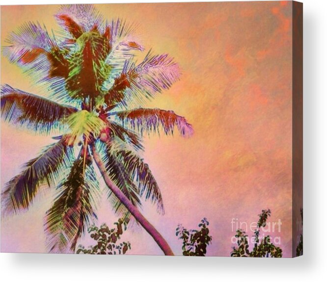 Sharkcrossing Acrylic Print featuring the digital art H Lone Palm Against Orange Sky - Horizontal by Lyn Voytershark