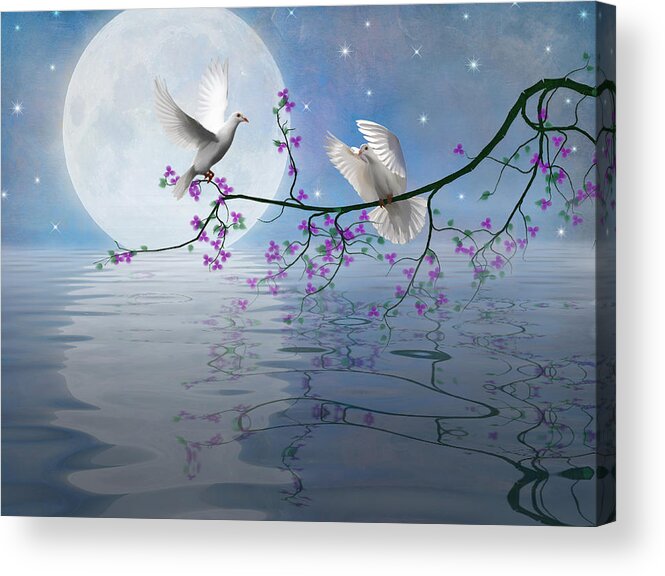 Animals Acrylic Print featuring the digital art Love Birds by the Light of the Moon-2 by Nina Bradica