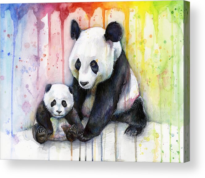 Watercolor Acrylic Print featuring the painting Panda Watercolor Mom and Baby by Olga Shvartsur