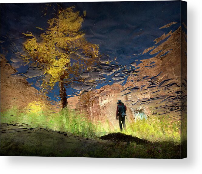 Puddle Acrylic Print featuring the photograph Man In Nature - Into The Canyon by Shenshen Dou