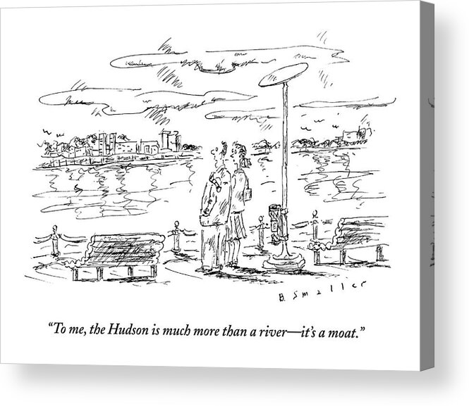 Hudson Acrylic Print featuring the drawing Man Speaks To Woman As They Look by Barbara Smaller