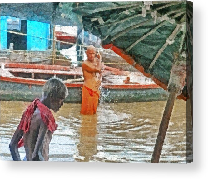 Hindu Acrylic Print featuring the digital art Men Bathing in the Ganges River by Digital Photographic Arts