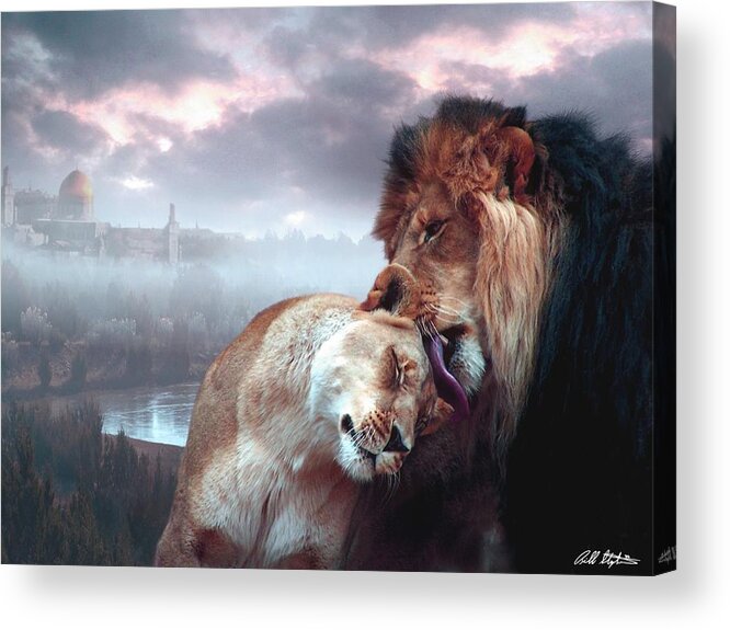 Lions Acrylic Print featuring the digital art Yeshua Loves Israel by Bill Stephens