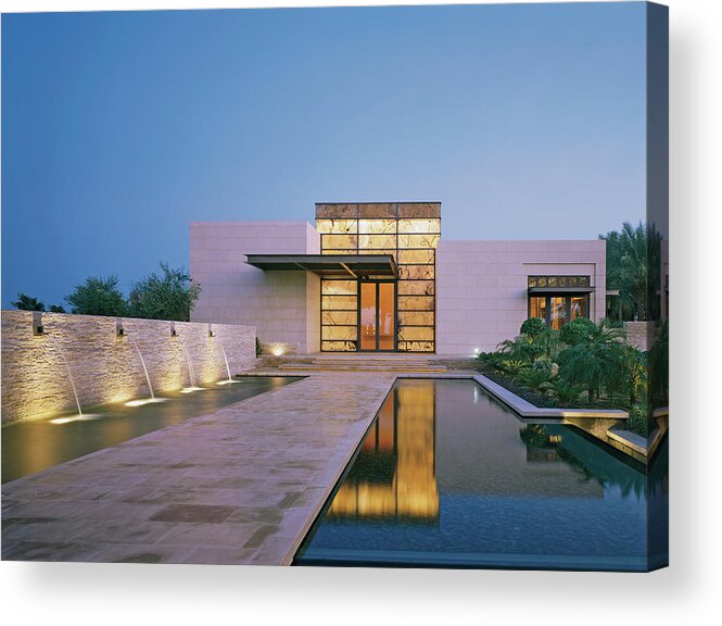 No People Acrylic Print featuring the photograph Modern Building With Pool At Dusk by Erhard Pfeiffer