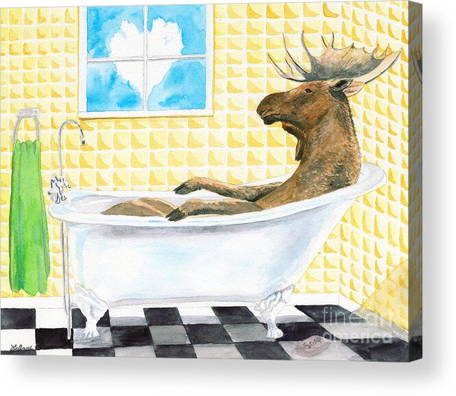Moose Painting Acrylic Print featuring the painting Moose Bath, Moose Painting, Moose Print, Bath Painting, Bath Print, Cottage Art by LeAnne Sowa