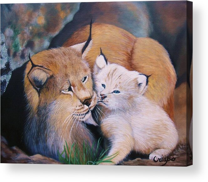 Cat Acrylic Print featuring the painting Mother and kitten bobcat by Jean Yves Crispo