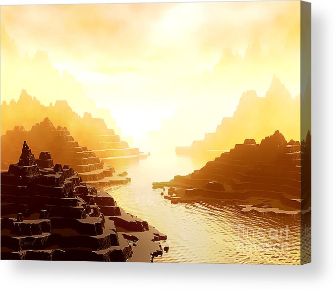 Landscape Acrylic Print featuring the digital art Mysterious Mountains Waterway by Phil Perkins