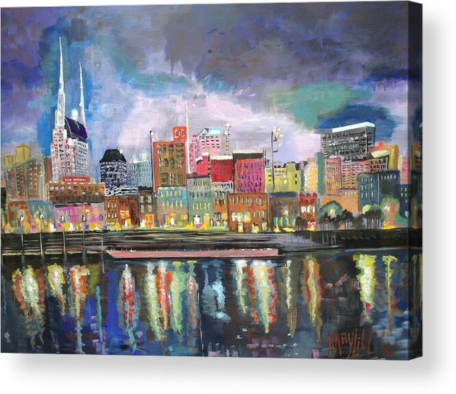 City Acrylic Print featuring the painting Nashville reflections by MayLill Tomlin