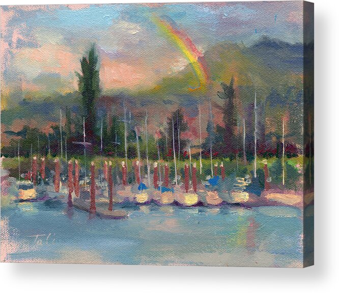 Rainbow Acrylic Print featuring the painting New Covenant - rainbow over marina by Talya Johnson