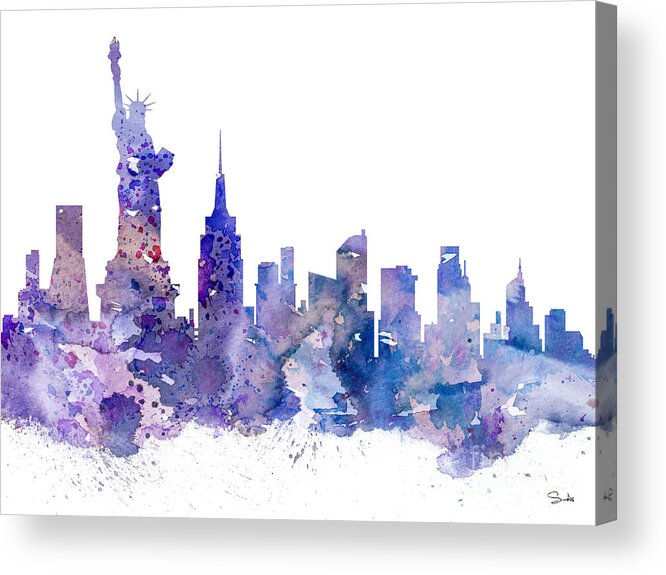 New York City Skyline Acrylic Print featuring the painting New York by Watercolor Girl