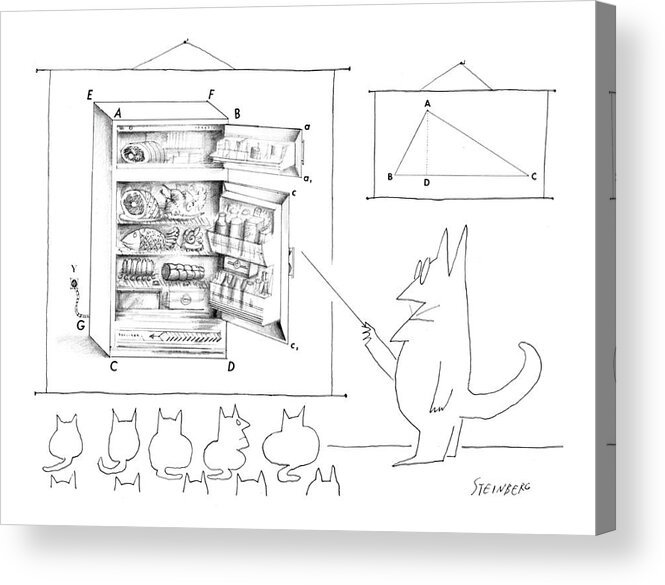School Schools Elementary Teachers Geometry Class Food Pets Diagrams Study Science 
A Cat Man Points To A Diagram Of A Refrigerator Filled With Food. The Refrigerator Diagram & A Triangle Diagram Hang On The Wall. The Students In The Class Are Cats. Sstoon Saul Steinberg Sst Artkey 66295 Acrylic Print featuring the drawing New Yorker December 19th, 1964 by Saul Steinberg