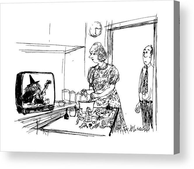 No Caption
Witch Cooking On Television Acrylic Print featuring the drawing New Yorker June 29th, 1987 by Joseph Mirachi