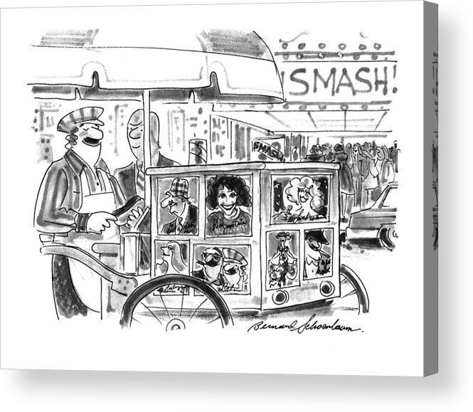 (city Street Hot Dog Vendor's Cart Is Plastered With Signed Pictures Of Celebrities)
Entertainment Acrylic Print featuring the drawing New Yorker September 27th, 1993 by Bernard Schoenbaum