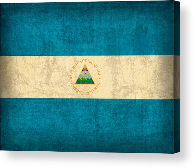 Nicaragua Acrylic Print featuring the mixed media Nicaragua Flag Vintage Distressed Finish by Design Turnpike