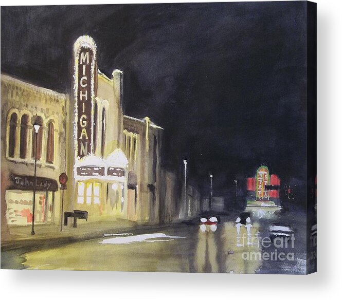 Town Acrylic Print featuring the painting Night Time at Michigan Theater - Ann Arbor MI by Yoshiko Mishina