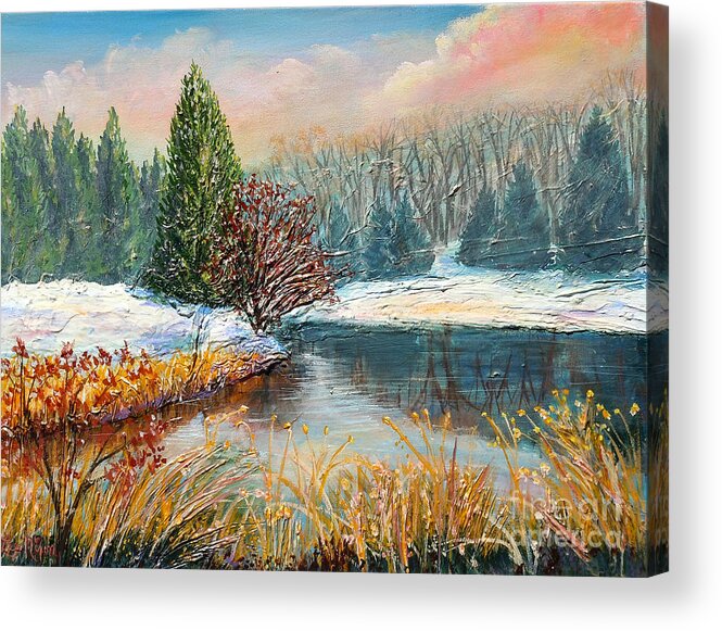 Lee Acrylic Print featuring the painting Nixon's Colorful Winter View of Gregg's Pond by Lee Nixon