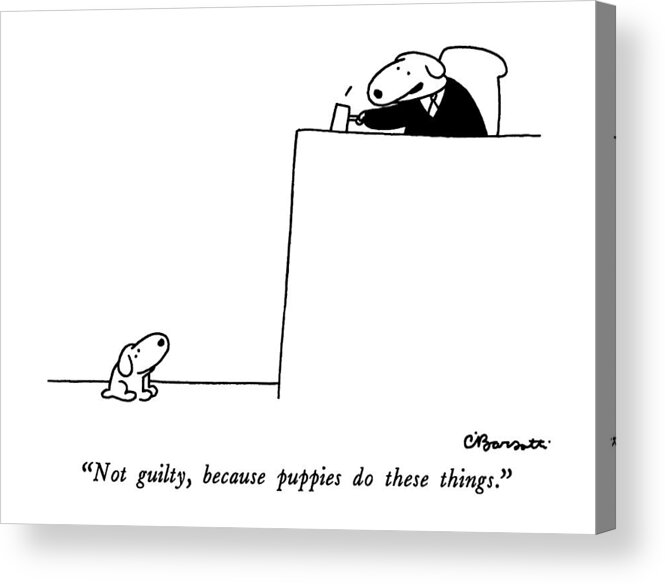 Not Guilty Acrylic Print featuring the drawing Not Guilty, Because Puppies Do These Things by Charles Barsotti