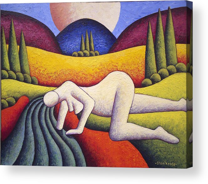Nude Acrylic Print featuring the painting Nude In Soft Landscape With River 2 By Alankenny by Alan Kenny