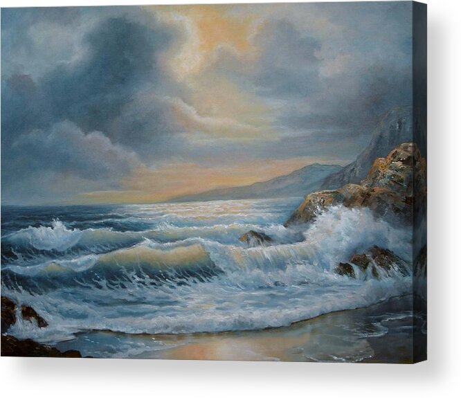 Ocean Oil Painting Acrylic Print featuring the painting Ocean under the evening glow by Regina Femrite