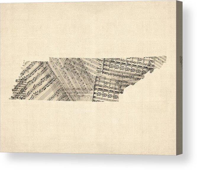 Tennessee Acrylic Print featuring the digital art Old Sheet Music Map of Tennessee by Michael Tompsett