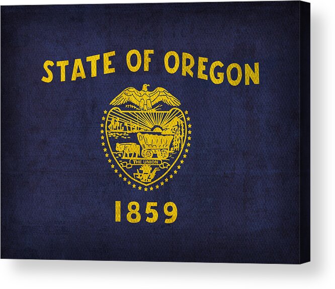 Oregon State Flag Art On Worn Canvas Acrylic Print featuring the mixed media Oregon State Flag Art on Worn Canvas by Design Turnpike