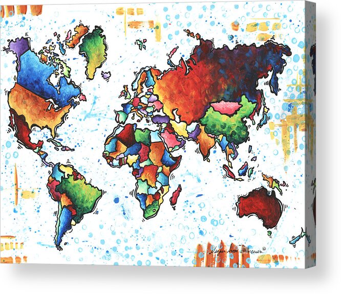 Original Vibrant Colorful World Map Pop Art Style Painting By