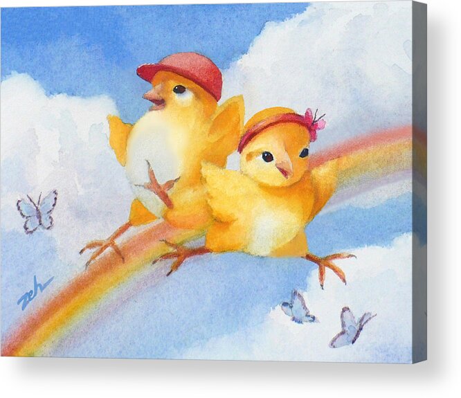 Rainbow Art Acrylic Print featuring the painting Baby Chicks - Over the Rainbow by Janet Zeh