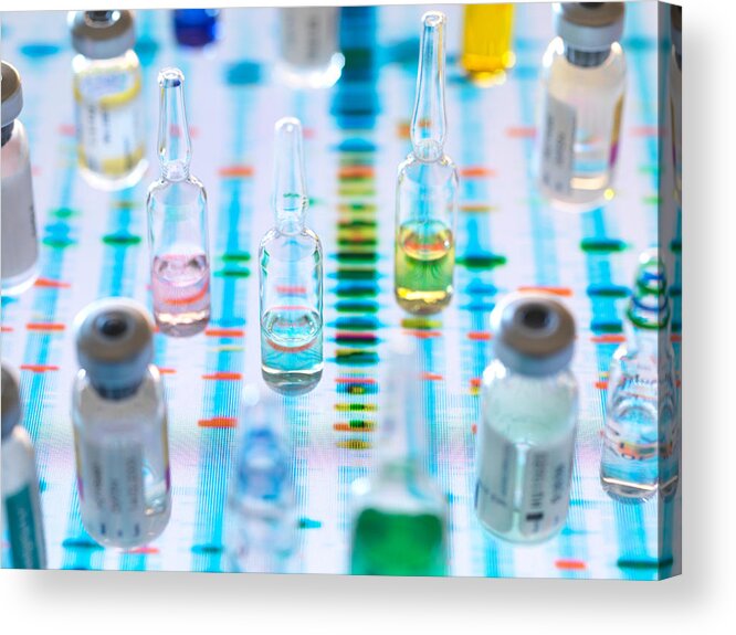 Medical Research Acrylic Print featuring the photograph Pharmaceutical research developing genetic medicine, illustrating how medicine will be designed to cure individuals health by analysing DNA by Andrew Brookes