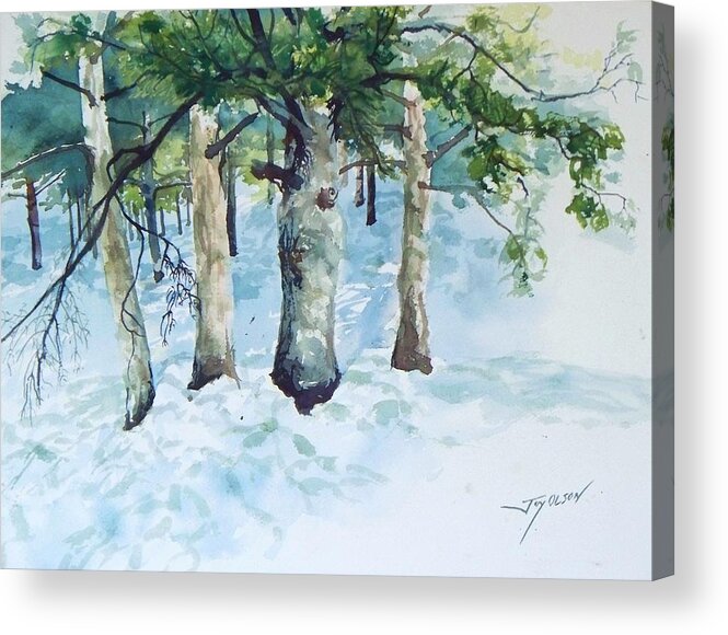 Watercolor Acrylic Print featuring the painting Pine trees and snow by Joy Nichols