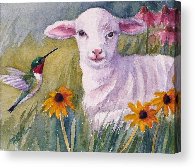 Baby Animals Acrylic Print featuring the painting Pissaro and the Lamb by Janet Zeh