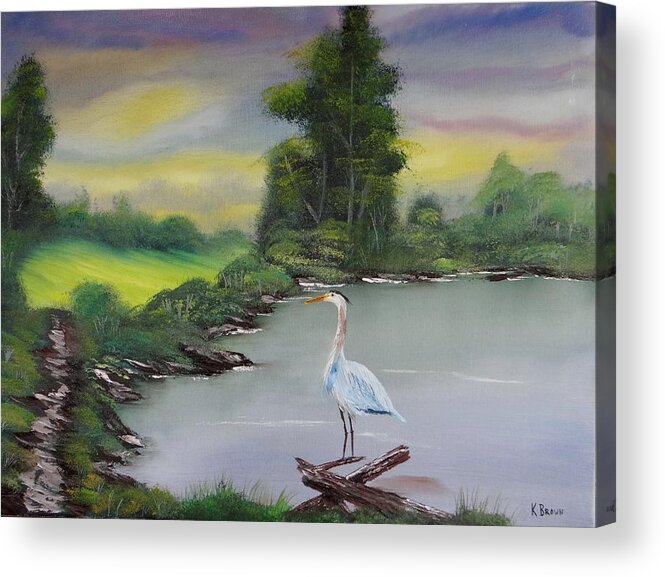 Heron Fine Art Prints Paintings Acrylic Print featuring the painting Pond Watching by Kevin Brown