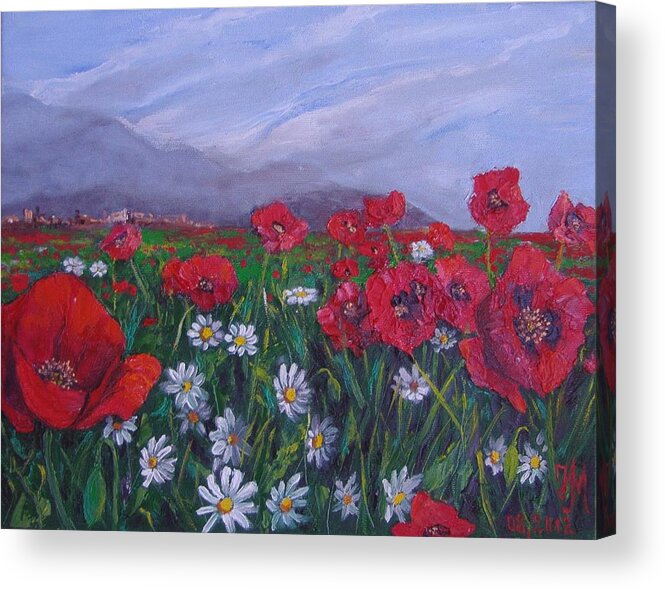 Landscape Acrylic Print featuring the painting Poppies and daisies by Nina Mitkova