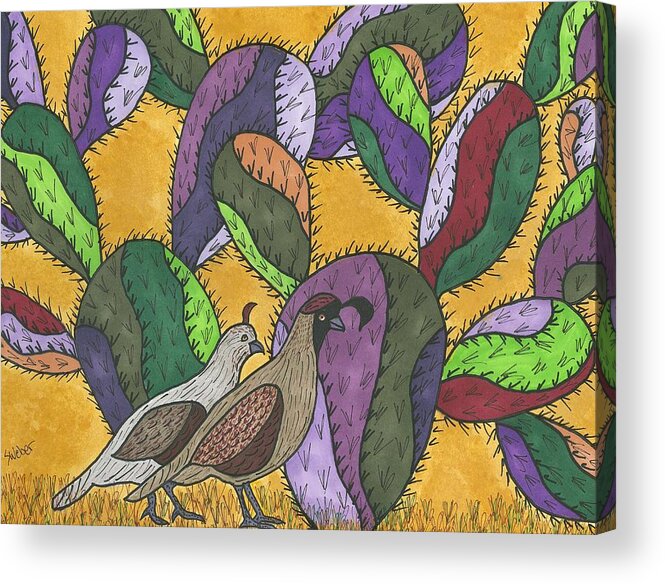 Quail Acrylic Print featuring the painting Quail and Prickly Pear Cactus by Susie Weber