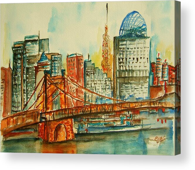 Queen City Acrylic Print featuring the painting Queen City Skyline Cincinnati OH by Elaine Duras