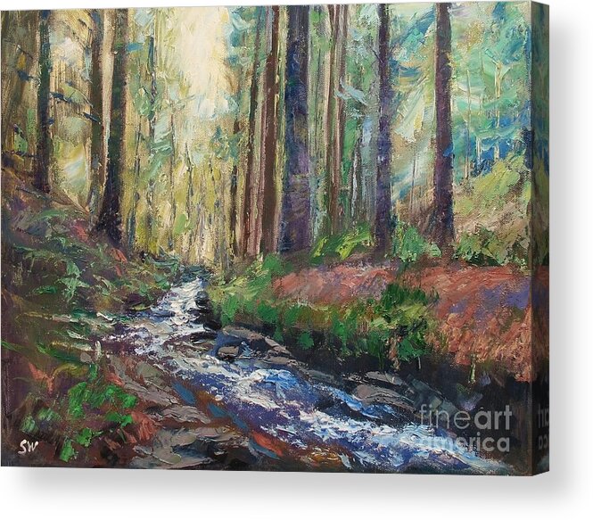 Sean Wu Acrylic Print featuring the painting Quiet woods with creek by Sean Wu