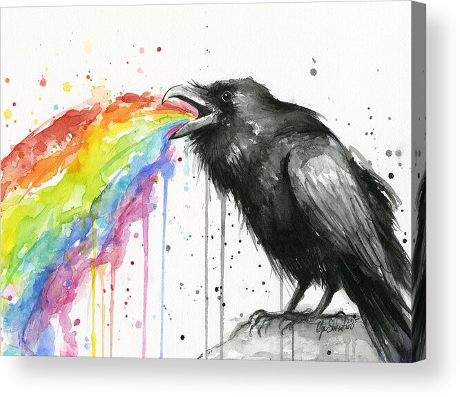 Raven Acrylic Print featuring the painting Raven Tastes the Rainbow by Olga Shvartsur