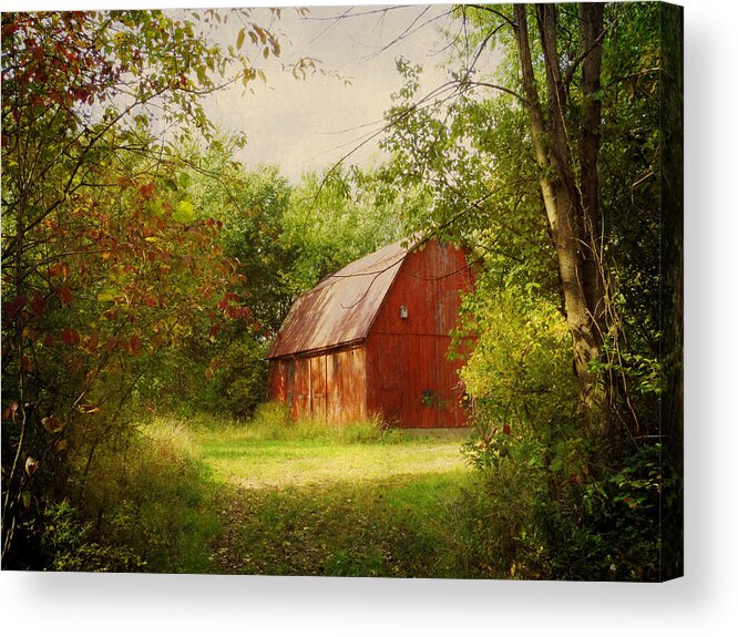 Barn Acrylic Print featuring the photograph Red Barn in The Woods by Shawna Rowe