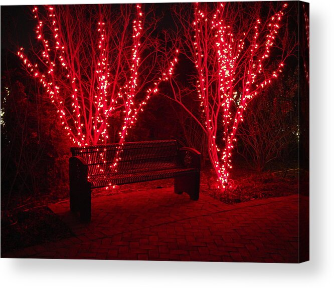 Fine Art Acrylic Print featuring the photograph Red Lights and Bench by Rodney Lee Williams