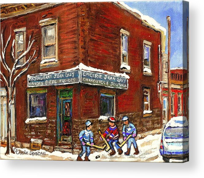 Montreal Acrylic Print featuring the painting Restaurant Epicerie Jean Guy Pointe St. Charles Montreal Art Verdun Winter Scenes Hockey Paintings  by Carole Spandau