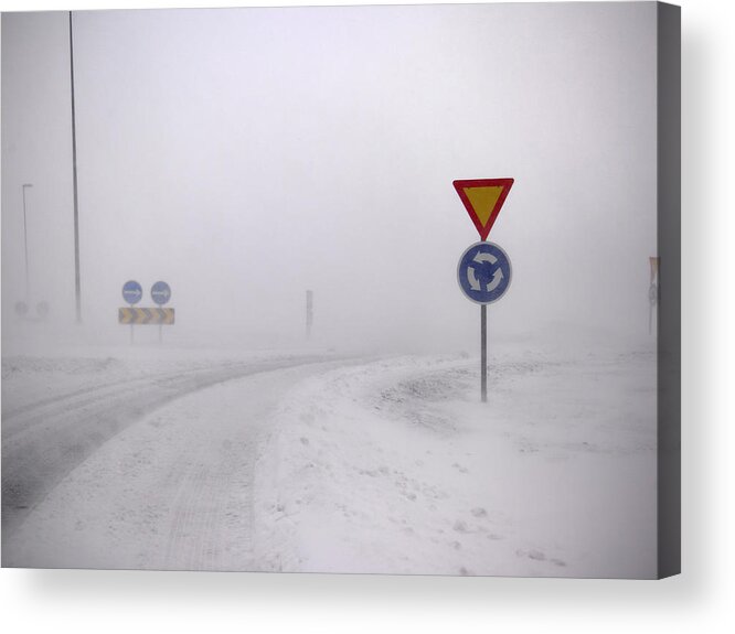 Risk Acrylic Print featuring the photograph Road Signs In Snowy Landscape by Kmm Productions