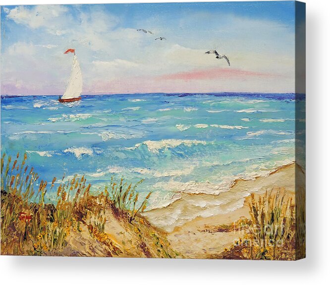 Sailboat Acrylic Print featuring the painting Sailing by the Beach by Jimmie Bartlett