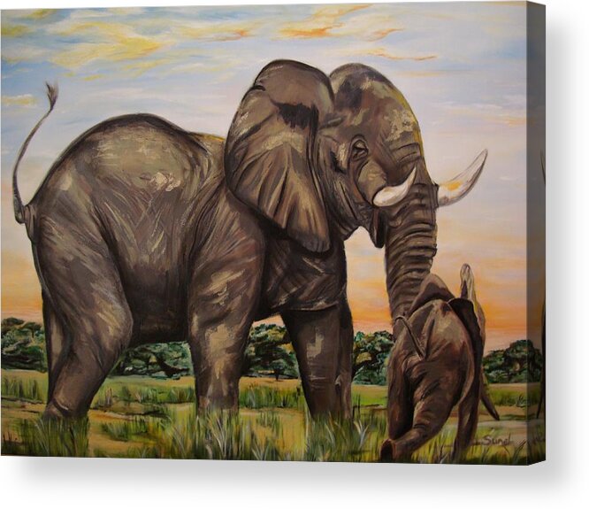 Mother Elephant Acrylic Print featuring the painting Scolding mother by Sunel De Lange