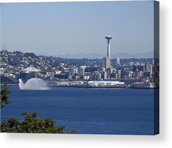 Seattle Acrylic Print featuring the photograph Seattle Space Needle and Fire Boat by Ron Roberts