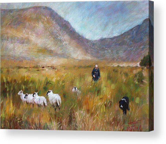 Shepherd Acrylic Print featuring the drawing Shepherd and Sheep in the Valley by Viola El
