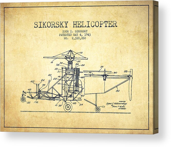 Helicopter Acrylic Print featuring the digital art Sikorsky Helicopter patent Drawing from 1943-Vintage by Aged Pixel