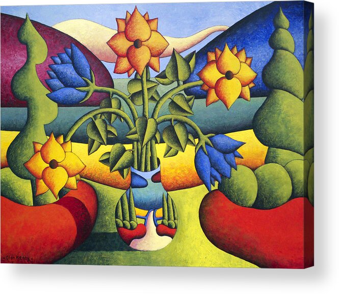  Acrylic Print featuring the painting Softvase with flowers in landscape by Alan Kenny