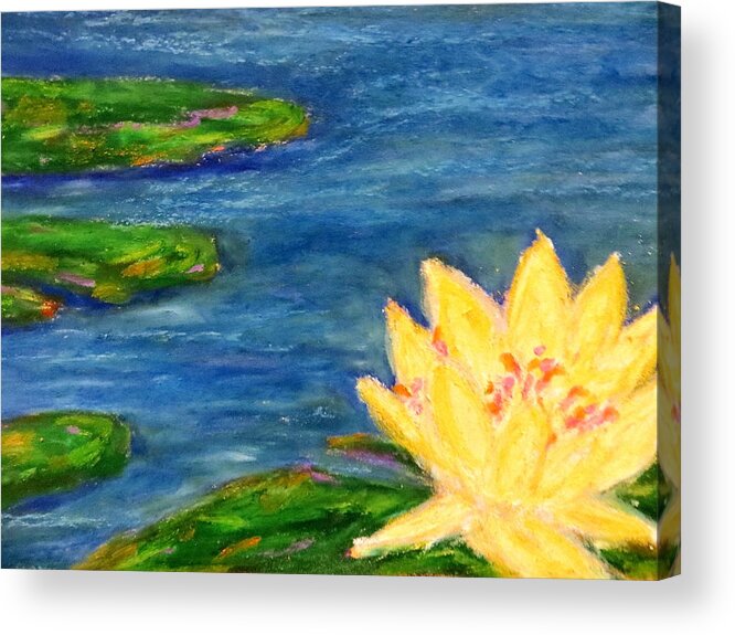 Aquatic Marsh Water Saltwater Color Immpressionist Style Simple Colors Yellow Pink Red Green Lillies Oil Pastel Acrylic Print featuring the pastel Sparking Lillies by Daniel Dubinsky